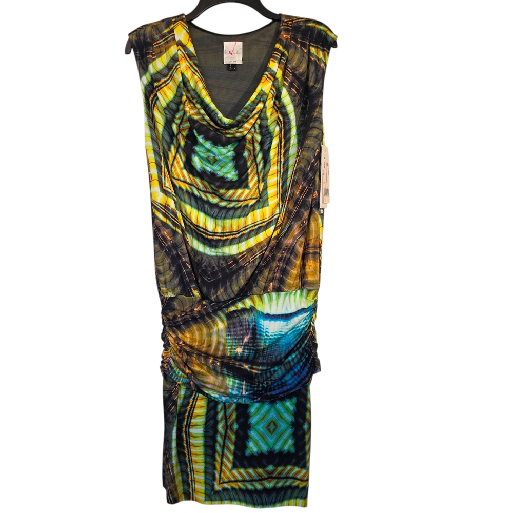 Nicole Miller Abstract Body Con Vibrant Yellow Blue Patterned Dress Sz P NWT
